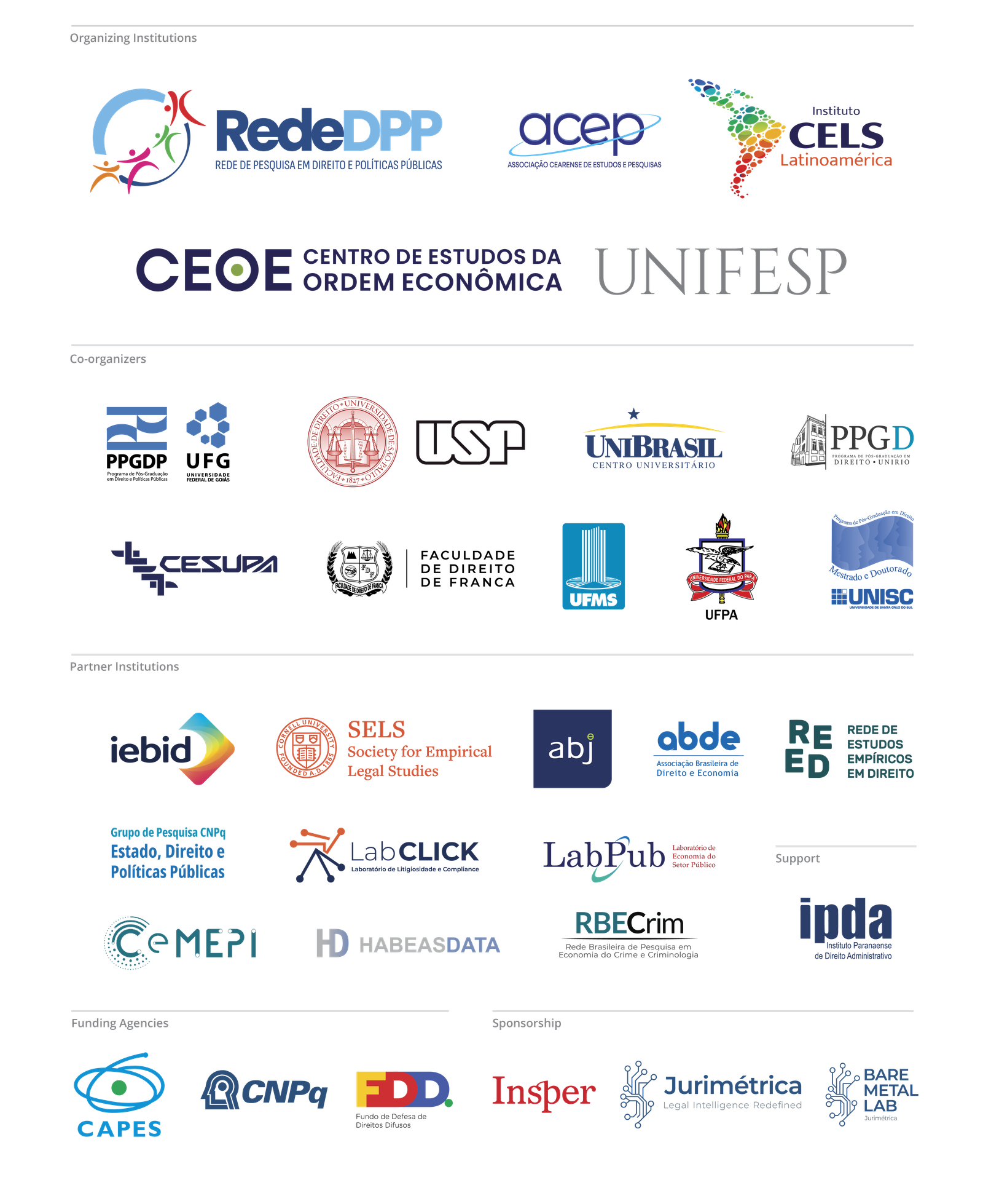 Instituições organizadoras, coorganizadoras, parceiras, agências de fomento e patrocinadores do VI CBDPP 2026 e do CELS Global Brazil 2026